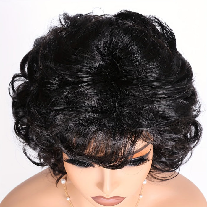 Peluca rizada corta de 8 pulgadas con flequillo lateral y cabello ondulado