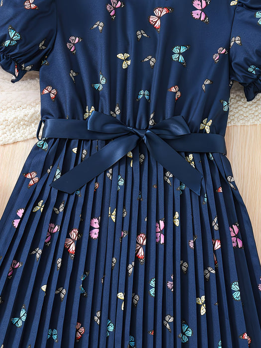 Vestido de Verano para Niñas con Mangas Bufantes, Estampado de Mariposas y Cinturón Plisado