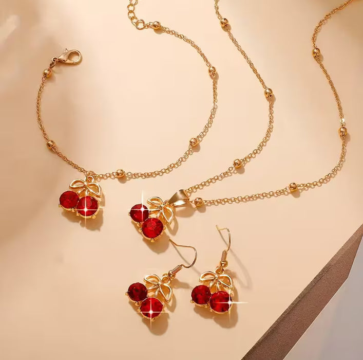 Set de Joyería de Cerezas Rojas 4 piezas Collar Aretes Pulsera Anillo