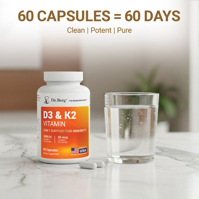 Dr. Berg Suplemento vitamínico D3 y K2 - D3 K2 5000 UI, 60 cápsulas