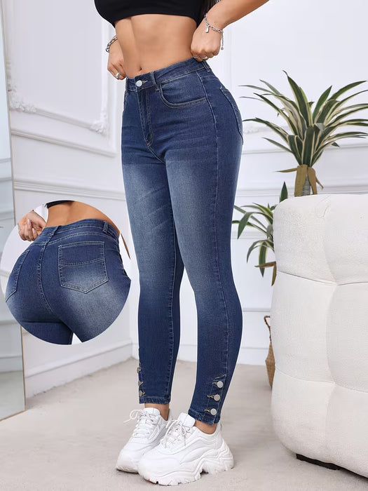 Pantalones de skinny mezclilla ajustados con botón en la parte inferior