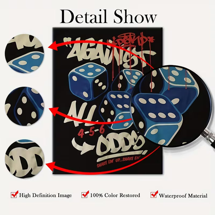 1 lámina moderna de arte decorativo en lienzo con marco - "Contra todo pronóstico" obra artística sobre dados 30X40cm