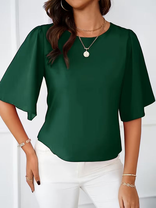Camisa de Cuello Redondo en Color Sólido, Camisa con Mangas Volantes Elegantes