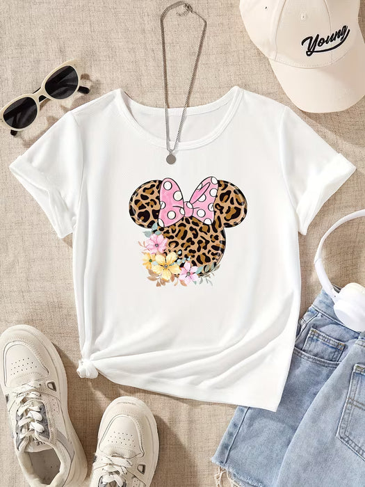Camiseta de Manga Corta con Estampado de Leopardo Blanco para Niñas