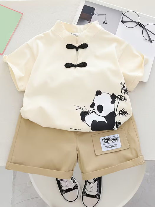 Conjunto de Ropa de Panda Chino - Pelele de Manga Corta con Botones y Pantalón