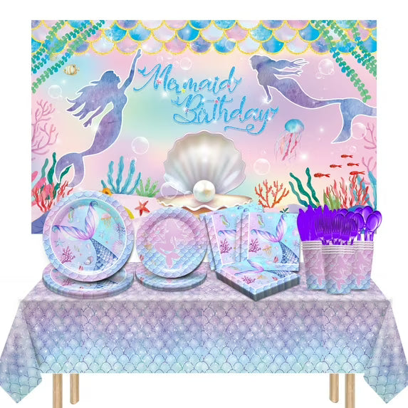 Kit de fiesta de cumpleaños de sirena de 168 piezas (platos de 9/7 pulgadas, vasos, tenedores, cucharas, cuchillos, servilletas)