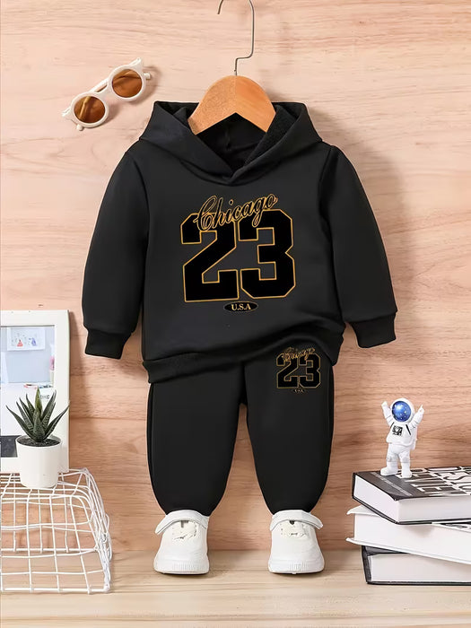 Conjunto de sudadera con capucha de manga larga para niño con diseño del número 23 y pantalones a juego