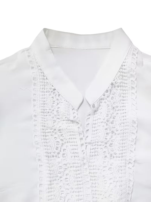 Vestido largo acampanado con encaje y aberturas, manga tipo farol, para mujer