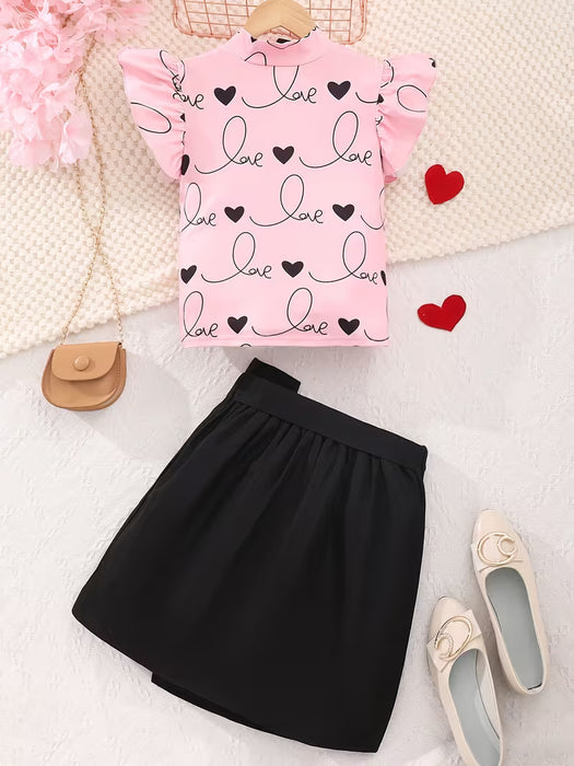 Conjunto de Dos Piezas para Niñas Primavera-Verano: Top de Manga Corta y Falda
