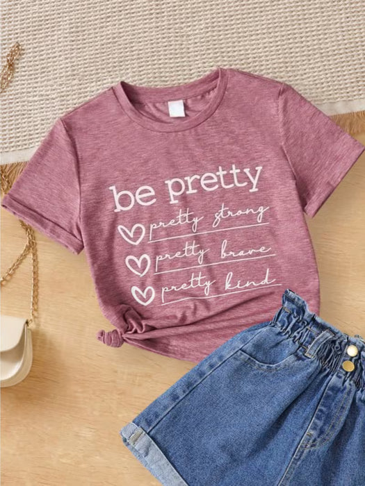 Camiseta de manga corta de verano para niñas con estampado de letras de corazón