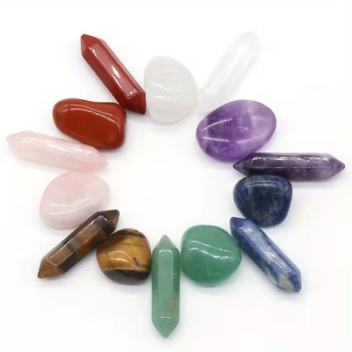 Columna hexagonal doble terminada piedras caídas juego de siete chakras caja de regalo