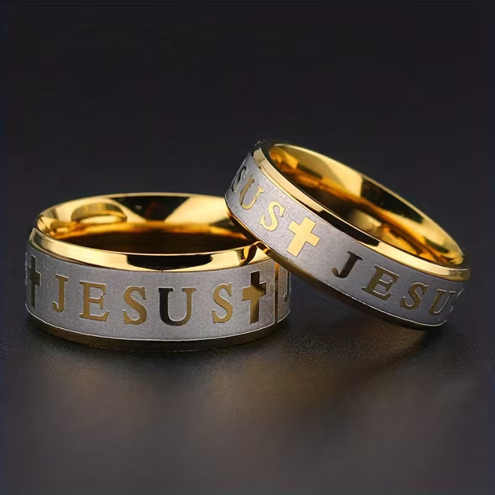 1 Anillo para Hombre con Cruz de Jesús Grabada, Banda Nupcial Religiosa Retro