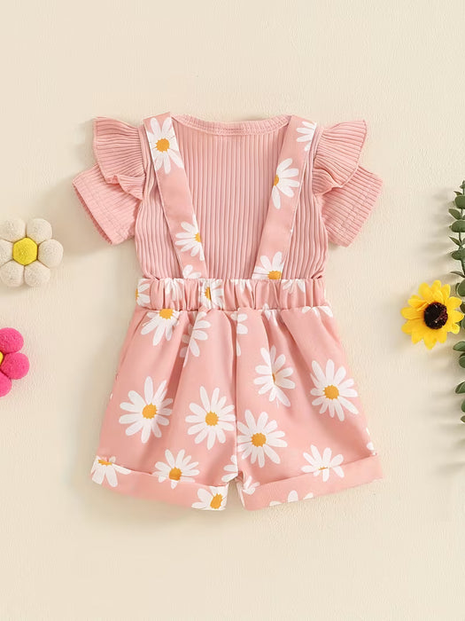 Conjunto de shorts para niñas, mameluco de manga corta con estampado de flores