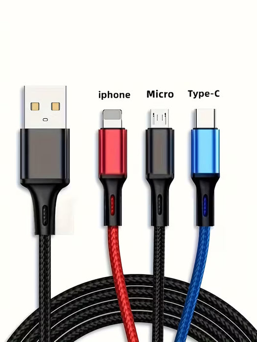 Cable Cargador USB Multi 3 en 1 Cable de Carga Trenzado de Nylon Universal con Tipo-C, Micro USB, Puerto IP