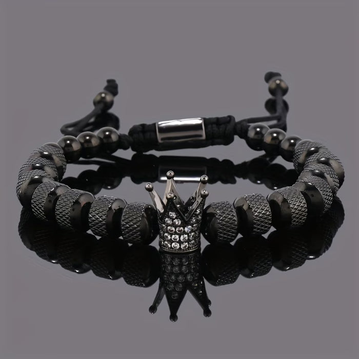 1 pulsera de acero inoxidable para hombre con cuentas de CZ y dije de corona real