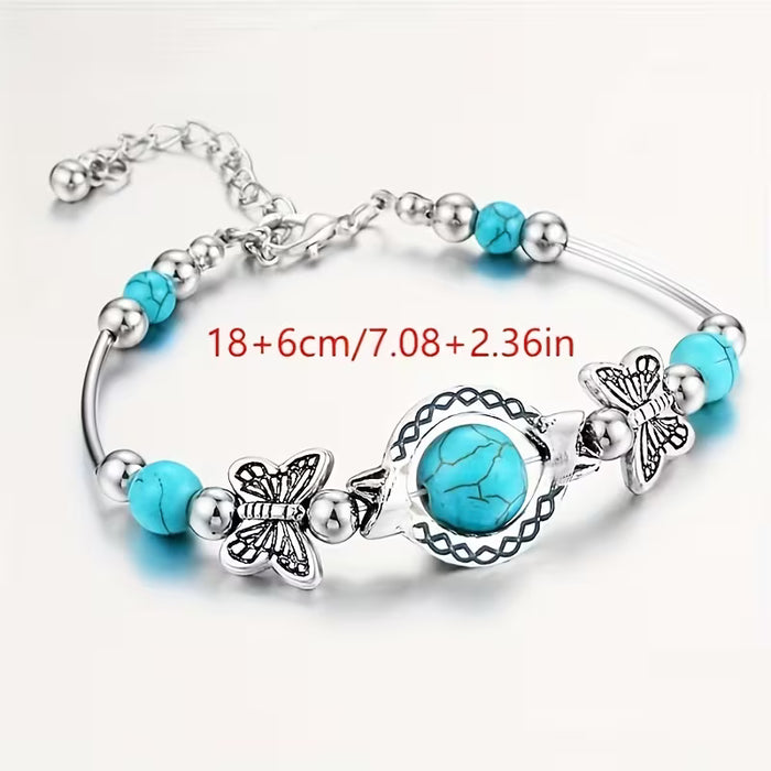 Pulsera turquesa vintage hecha a mano, cuentas de la suerte de mariposa