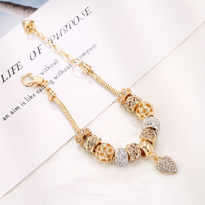 1pc Pulsera Elegante de Tono Dorado con Cuentas de Cristal y Colgante de Corazón
