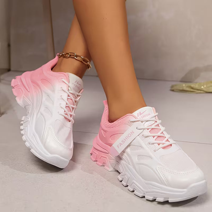 Zapatillas deportivas rosa de suela gruesa con plataforma y cordones para mujer