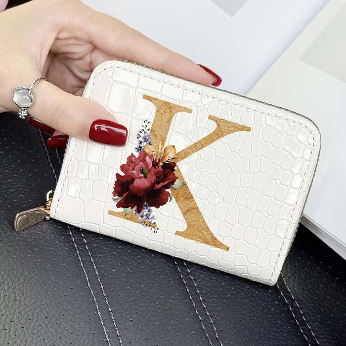 1pc Alfabeto Dorado A-Z con Diseño Floral, Elegante Billetera Corta para Mujer