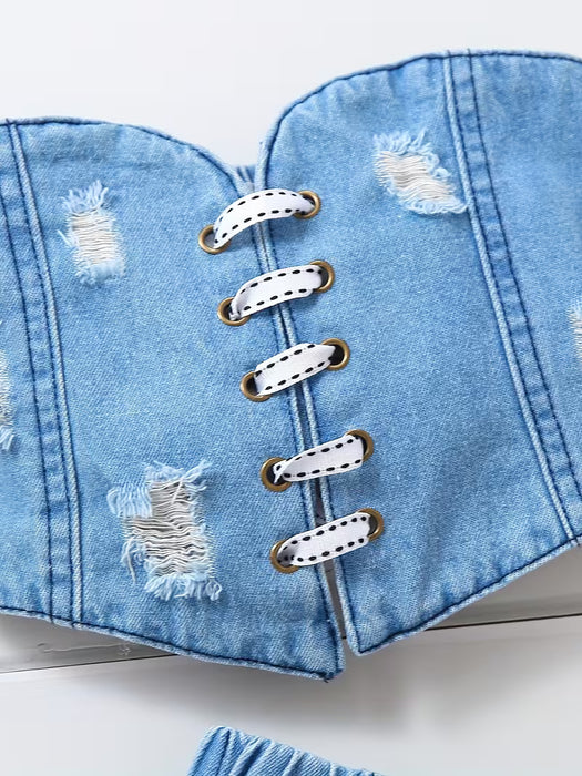 Conjunto de Top Corto de Denim con Hombros Descubiertos y Shorts Desgastados para Niñas