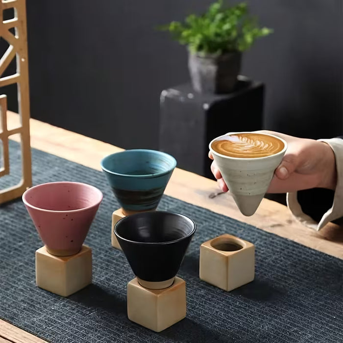 1 taza de cerámica japonesa rústica de 100 ml con soporte color negro