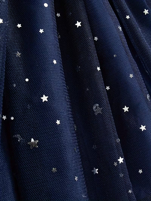 Vestido de verano casual para niña con cinturón, diseño de mosaico de malla estrellada