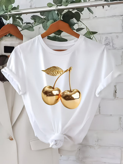 Shein Camiseta de manga corta con estampado de cerezas doradas metálicas