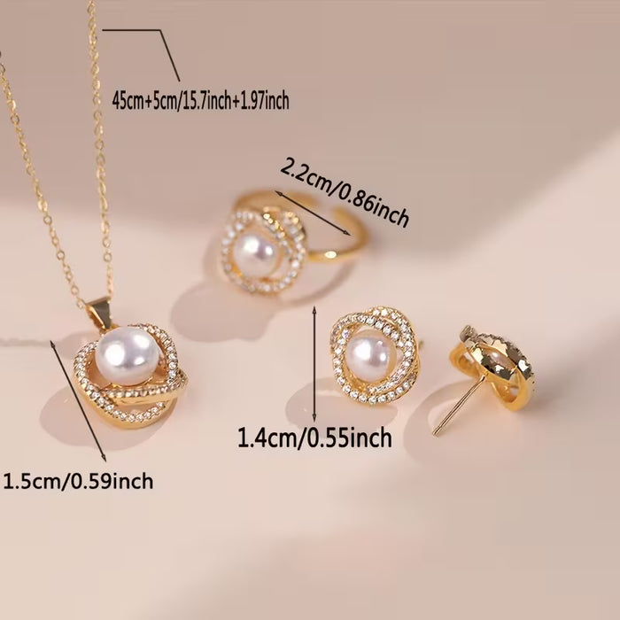 Juego de 4 piezas de Collares, Anillos y Pendientes de Perlas de Imitación Lujosos, Elegantes y