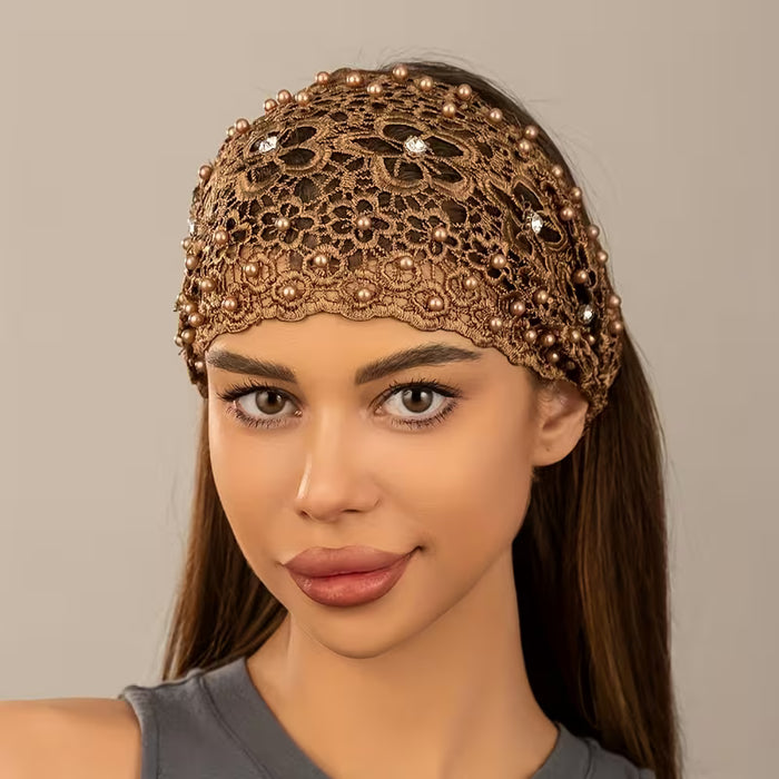 Diadema con Encaje y Perlas Artificiales | Banda Elástica para el Cabello, Accesorio de Cabello