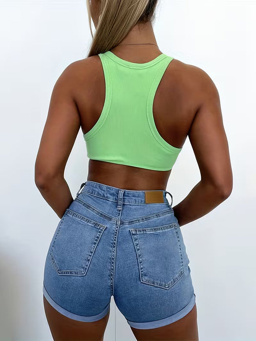 Top Corto De Cami Liso Simple, Sin Mangas Con Espalda Cruzada Y Cuello Redondo casual