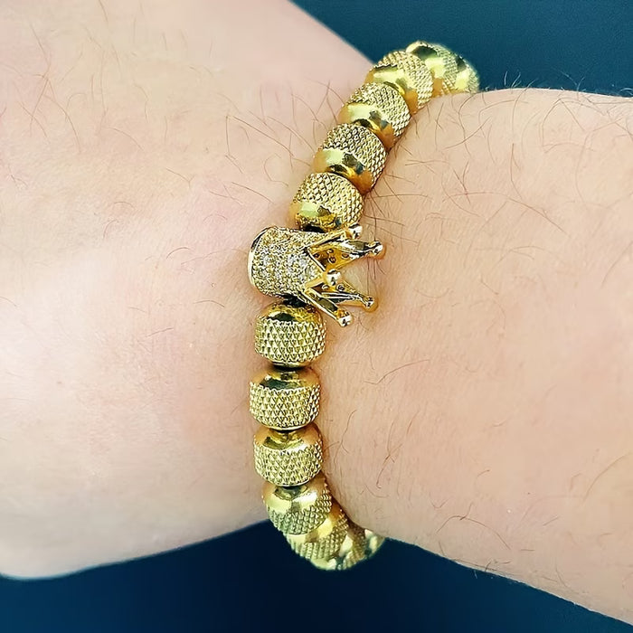 1 pulsera de acero inoxidable para hombre con cuentas de CZ y dije de corona real
