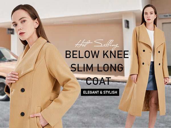 ebossy Abrigo largo de lana delgada para mujer, cuello de chal, doble botonadura debajo de la rodilla - Quierox - Tienda Online