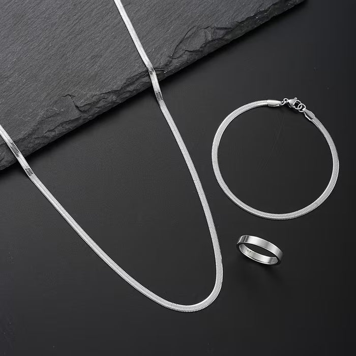 Juego de 3 piezas: Pulsera, collar y anillo de cadena de serpiente de acero inoxidable minimalista