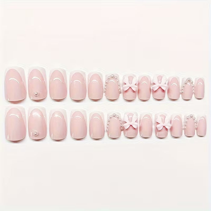 Juego de 24 Uñas Postizas Cortas con Lazo Europeo y Pedrería para Mujeres