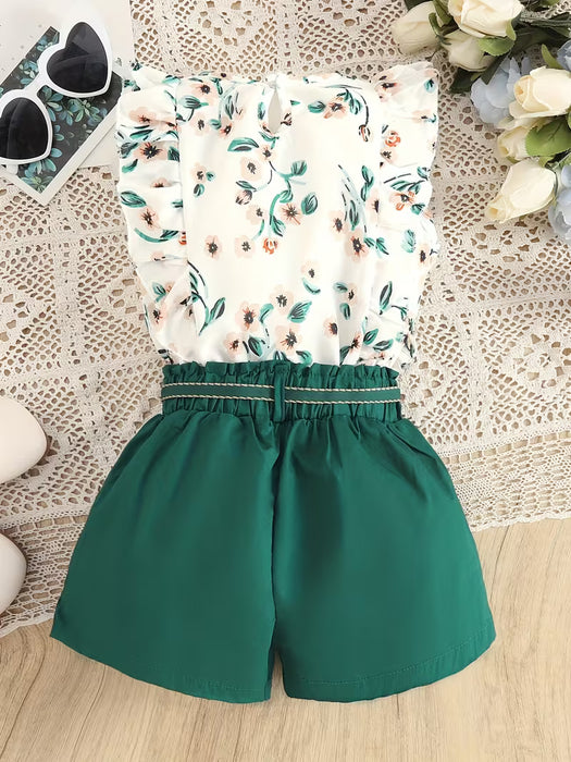 Conjunto de top casual con estampado de encaje, pantalones cortos holgados y cinturón para niña