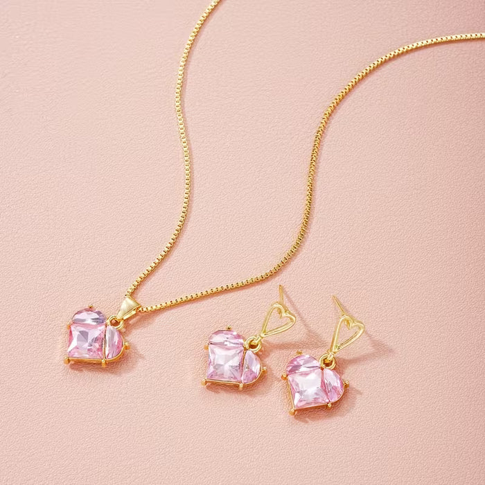 3pcs de Aretes y Collar de Corazón Rosa, Elegantes  para Mujer