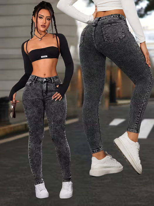Jeans Skinny de Cintura Alta para Mujer en con Dobladillo Desgastado
