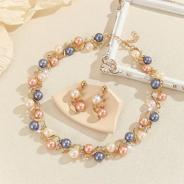 3 piezas/juego de collar y aretes de hojas vintage, flores y imitación de perlas exagerada