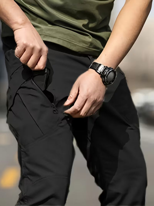 2 pantalones cargo tácticos para hombre, diseño de múltiples bolsillos, color liso, cintura elástica