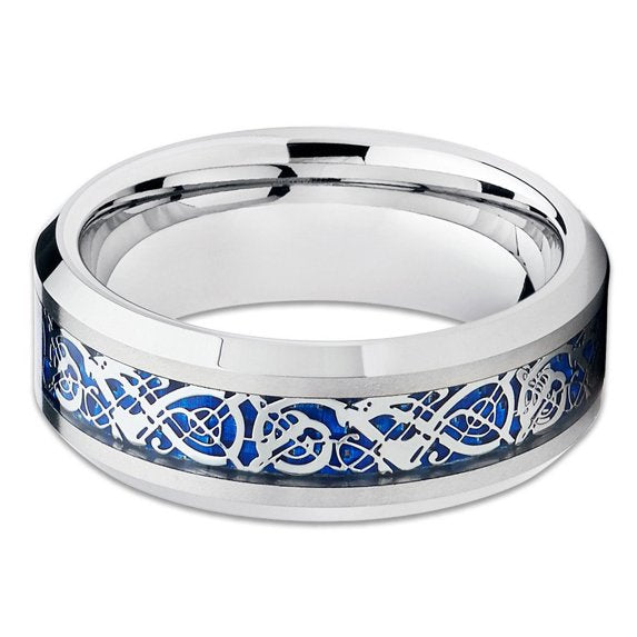 Anillo de tungsteno para hombre con diseño de dragón azul y carburo.