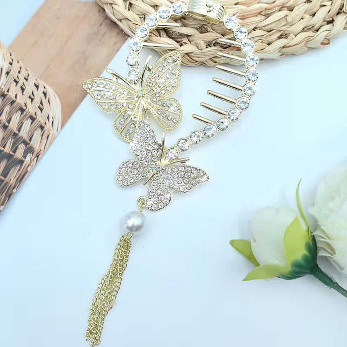 Pinza para el cabello con un diseño de mariposa de diamante, perlas huecas y borlas, perfecta para sujetar un moño