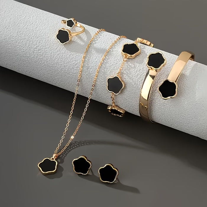 Juego de 5 Piezas de Joyería para Mujer: Collar + Aretes + Anillo + Pulsera + Brazalete con Diseño Clásico de Flor de la Suerte