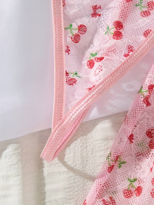 Pijama para Mujer, Estampado de Cerezas Rosas con Encaje Contrastante