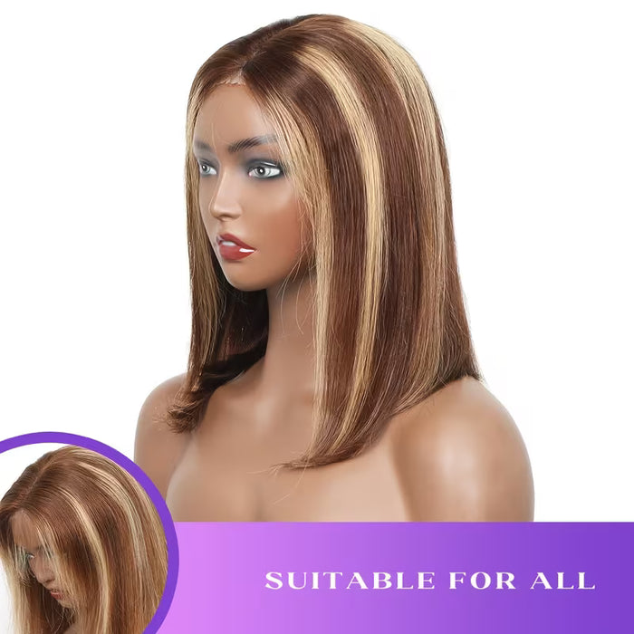 Peluca Bob Corta para Mujer con Mechas Rubias/Marrón Natural de Cabello Semi-Humano DE 10 inch