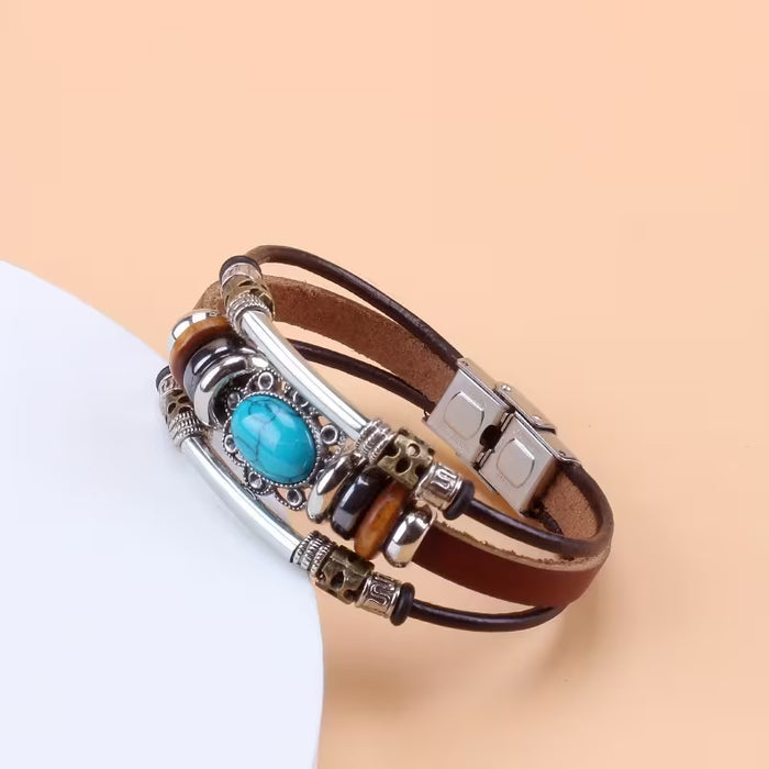 Pulsera de cuero sintético con cuentas turquesa retro, pulsera de correa