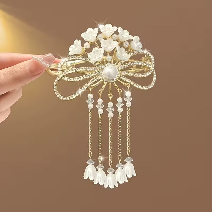 Elegante Horquilla con Lazo y Borla, Accesorio de Pelo de Aleación de Color Sólido