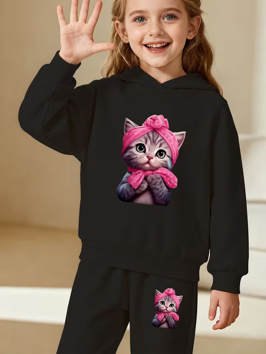 Conjunto infantil de 2 piezas con temática de gato adorable en dulce rosa pastel