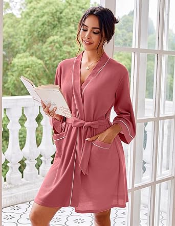 Ekouaer Bata de baño para mujer, de punto gofre, longitud hasta la rodilla - Quierox - Tienda Online