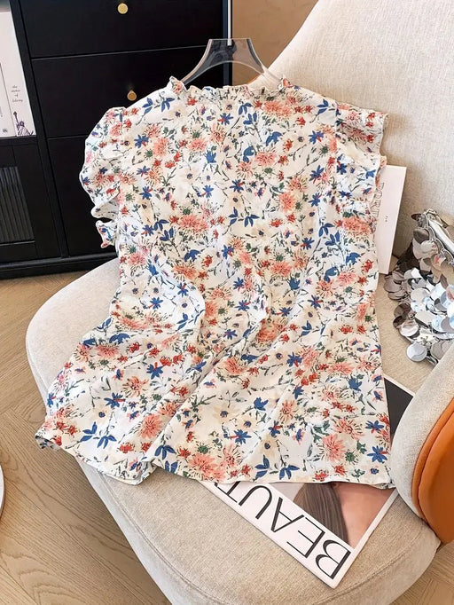 Elegante blusa con cuello en V y estampado floral para mujer. Manga corta, tela no elástica. - Quierox - Tienda Online