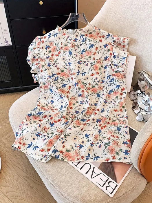 Elegante blusa con cuello en V y estampado floral para mujer. Manga corta, tela no elástica. - Quierox - Tienda Online